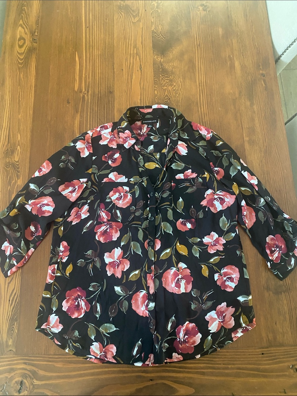 Women's Black Floral Button-Up Blouse with Pink Blooms